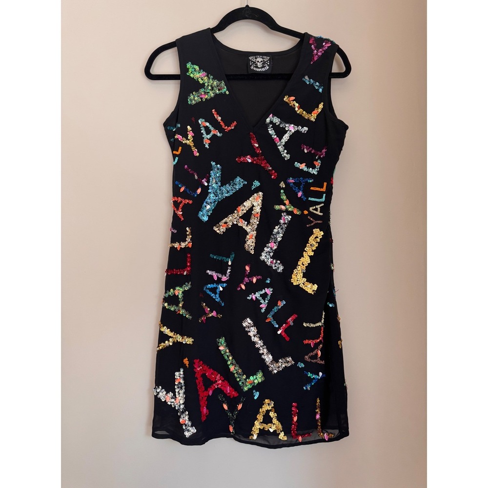 Any Old Iron Nashville Yall Mini Party Graphic Dress Hand Beaded Sequin Size M